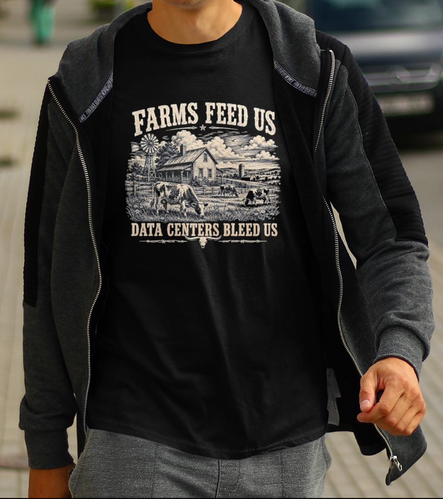 Farms Feed Us Data Centers Bleed Us Rustic Farmhouse And Windmill Scene T-Shirt