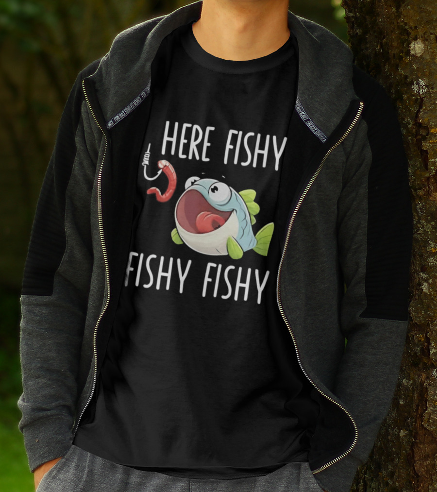 Here Fishy Fishy Cartoon Fish With Worm On Hook T-Shirt