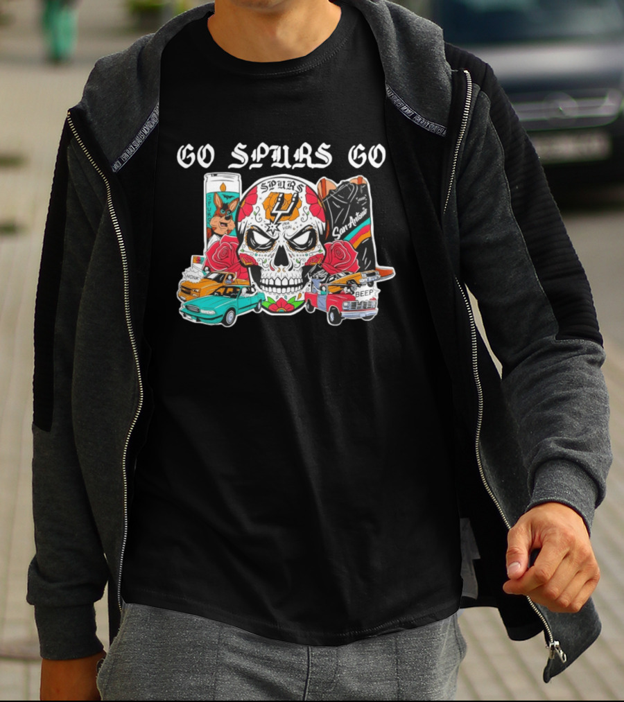 Go Spurs Go SAS Wemby Spurs The Alien Sugar Skull San Antonio Cars Roses T-Shirt