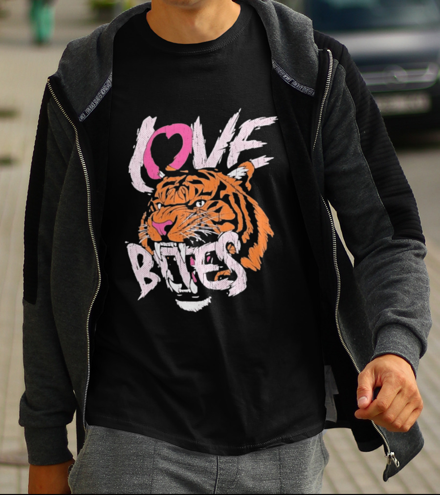 Love Bites Roaring Tiger Face Bold Pink And Orange T-Shirt
