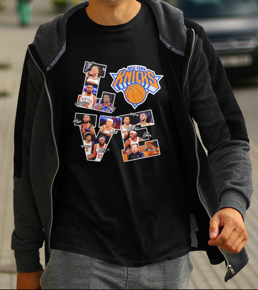 New York Knicks Players Autograph Collage Spelling LOVE With Iconic Team T-Shirt