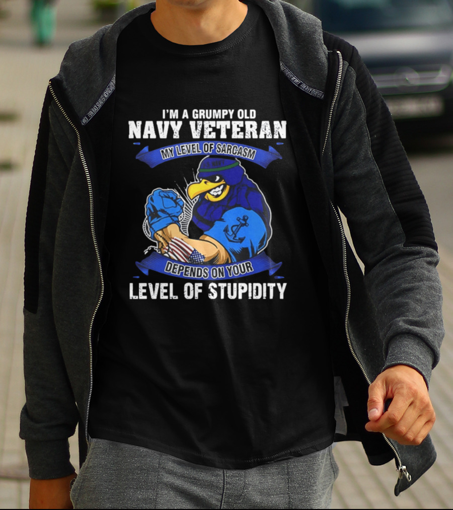 Grumpy Old Navy Veteran Sarcasm Stupidity Level Patriotic Eagle T-Shirt