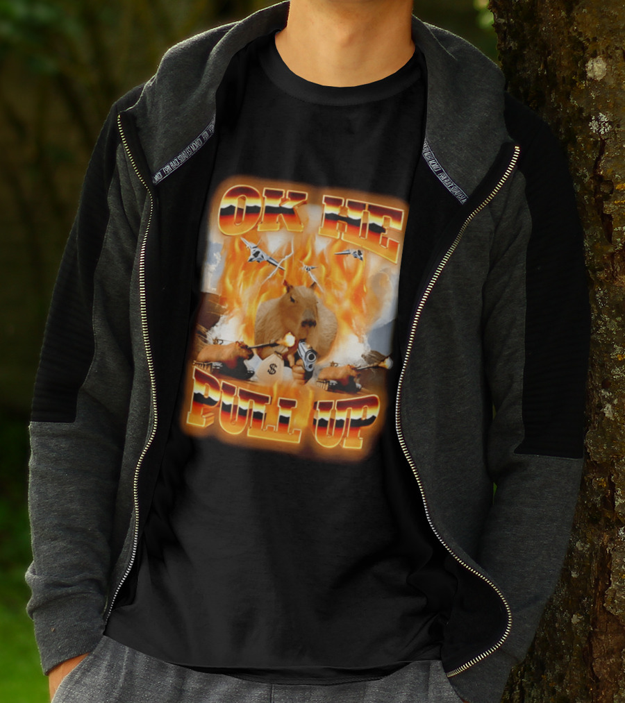Ok He Pull Up Capybara Surrounded By Fire With Jets And Guns T-Shirt