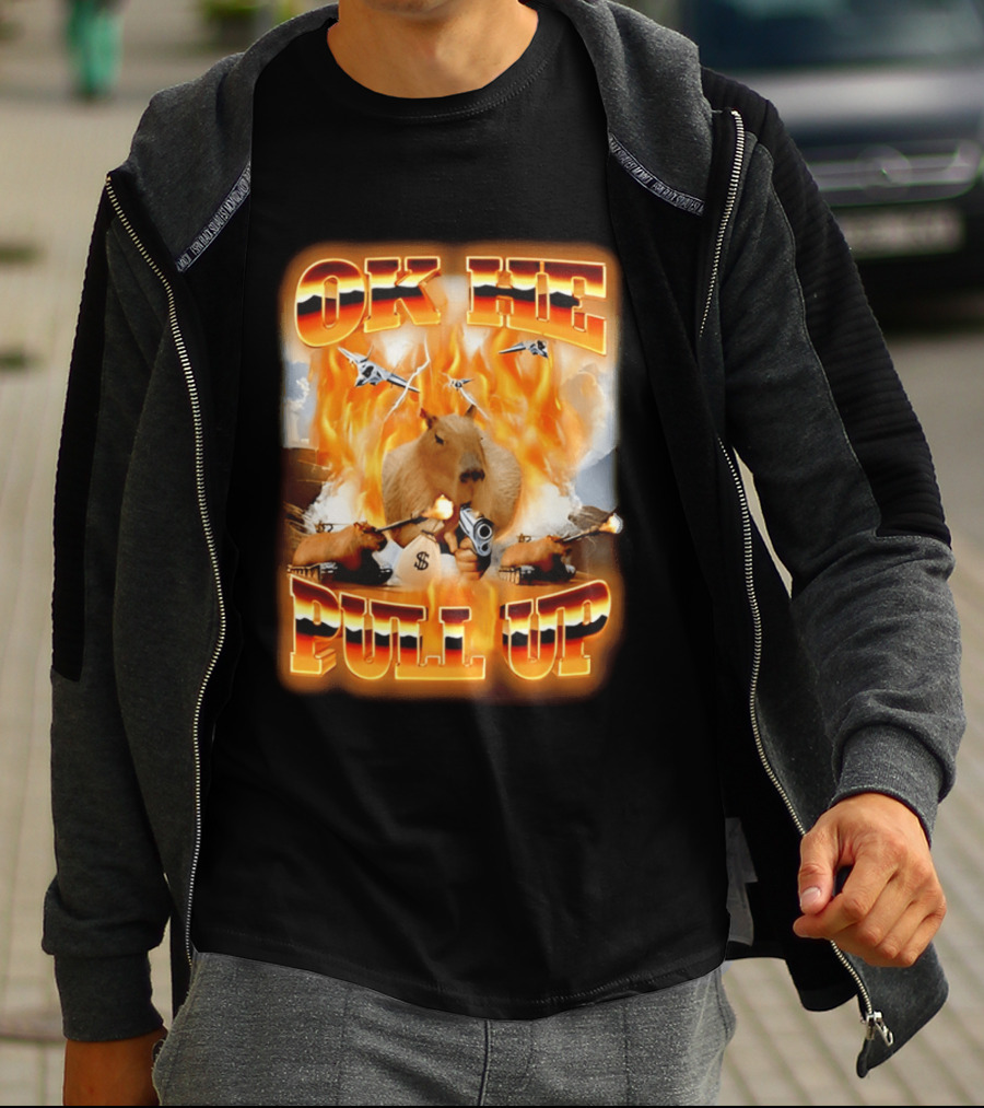 Ok He Pull Up Capybara Surrounded By Fire With Jets And Guns T-Shirt