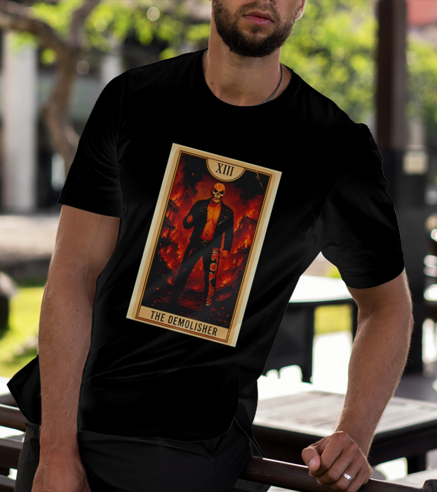 XIII The Demolisher Tarot Card Skull Masked Figure In Flames T-Shirt