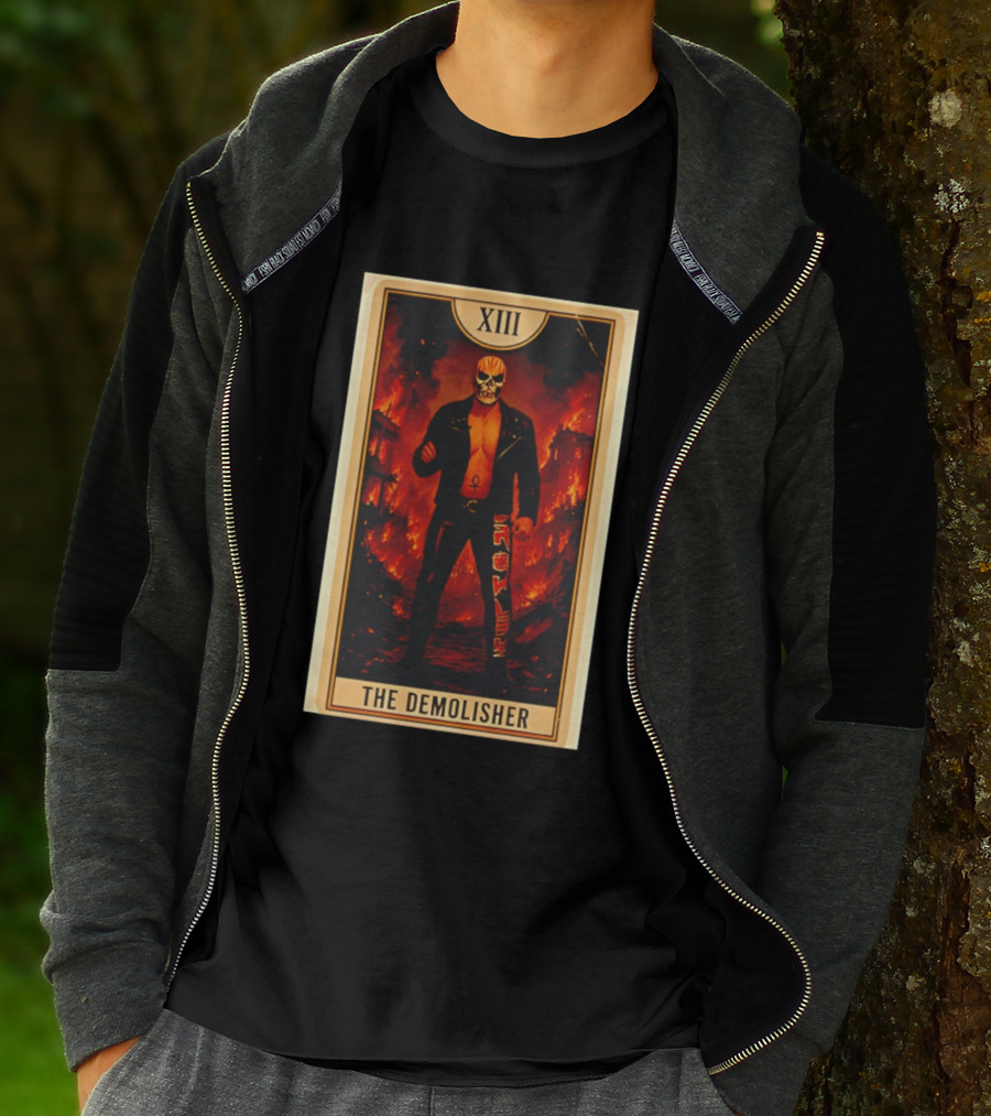 XIII The Demolisher Tarot Card Skull Masked Figure In Flames T-Shirt