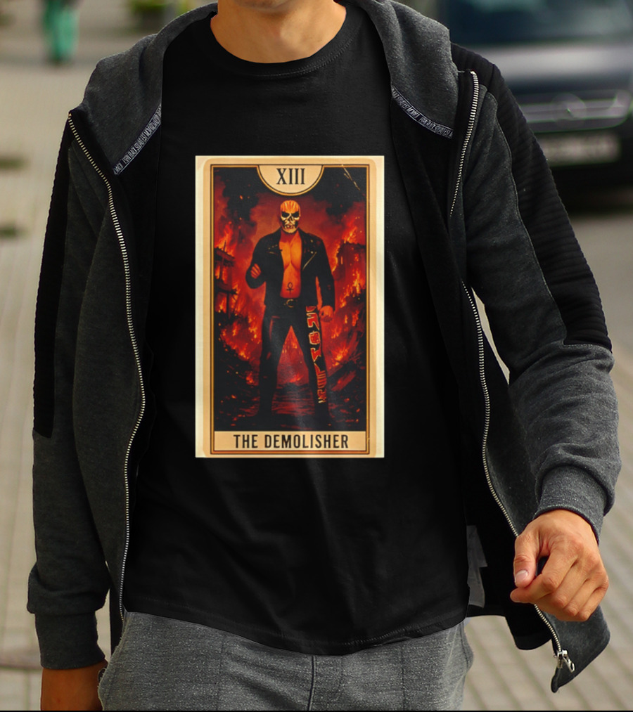 XIII The Demolisher Tarot Card Skull Masked Figure In Flames T-Shirt