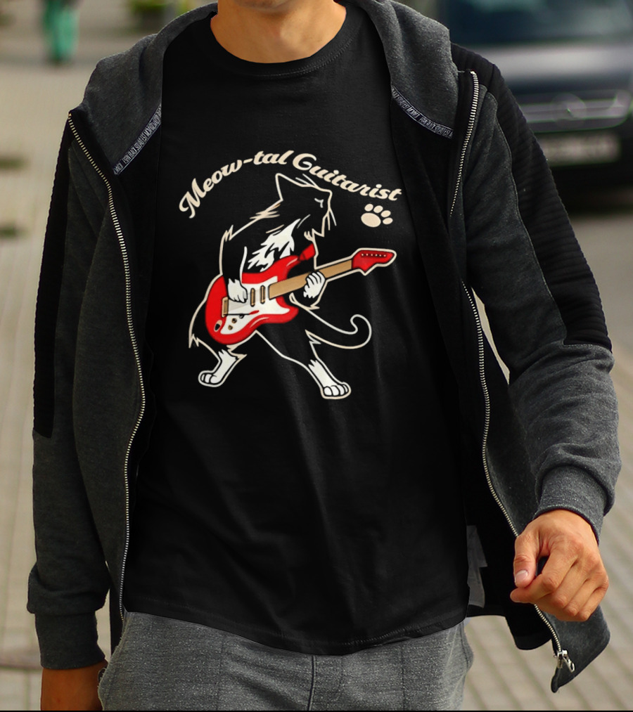 Meow Tal Guitarist Cat Playing Red Electric Guitar T-Shirt