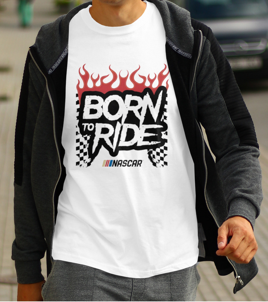 Born To Ride NASCAR Flames Checkered Flag Racing T-Shirt