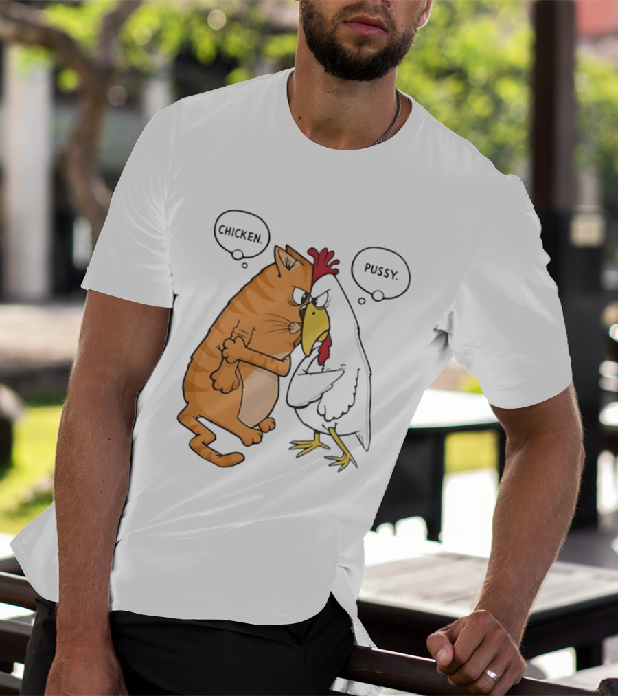 Chicken Pussy Standoff Cartoon Humor Confrontation T-Shirt