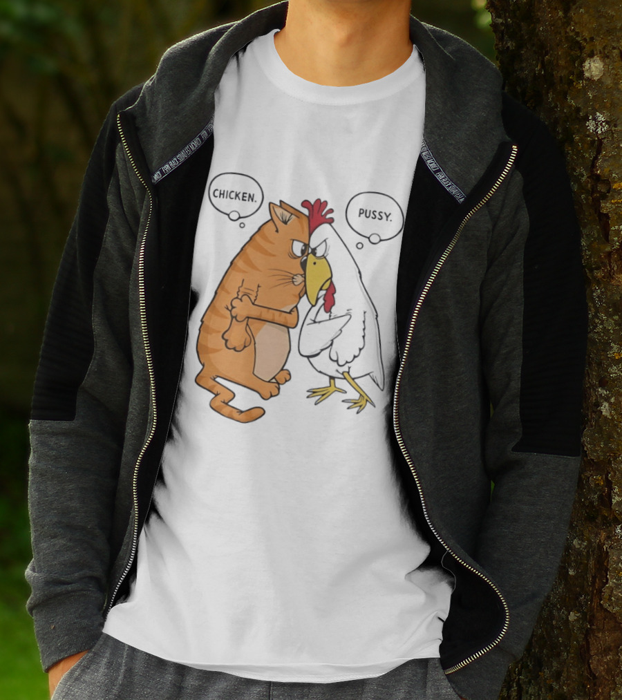 Chicken Pussy Standoff Cartoon Humor Confrontation T-Shirt