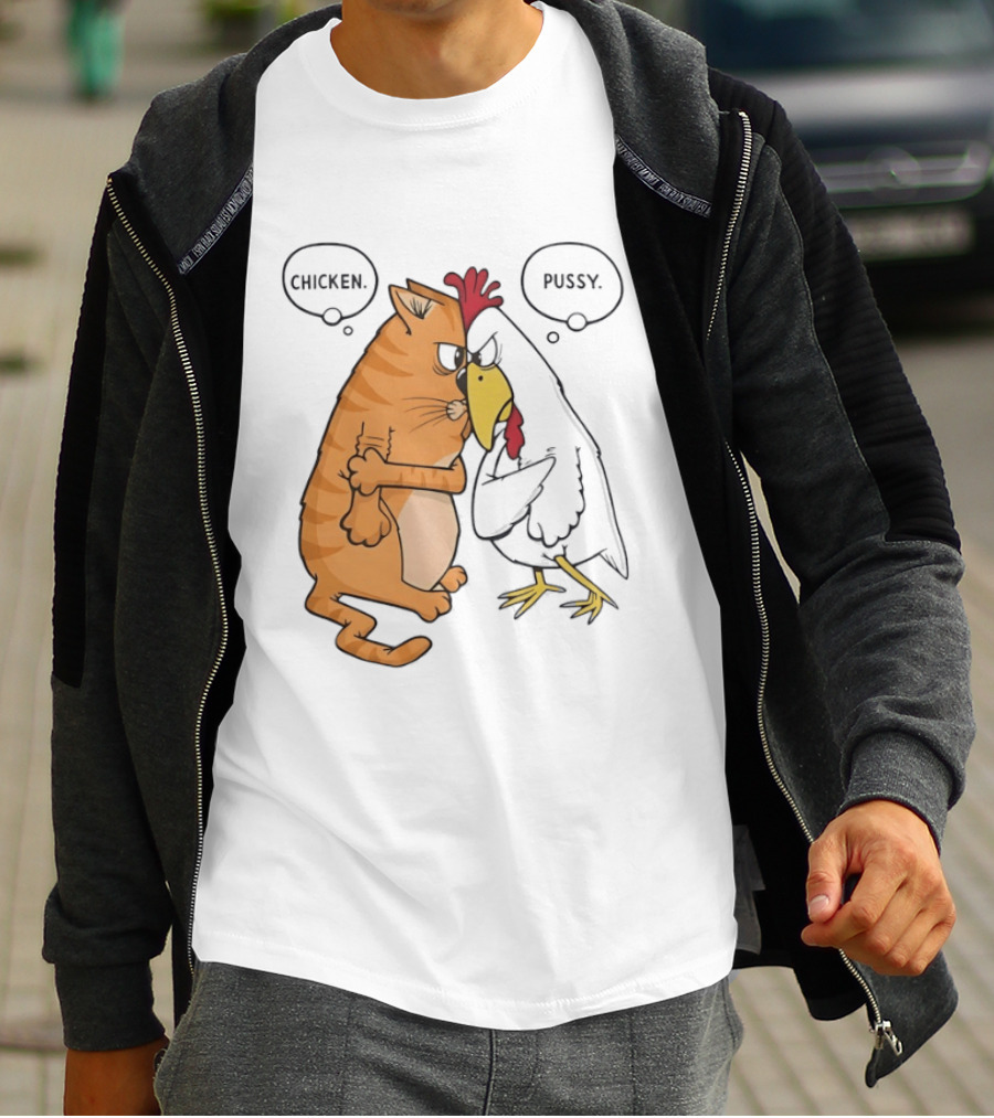 Chicken Pussy Standoff Cartoon Humor Confrontation T-Shirt