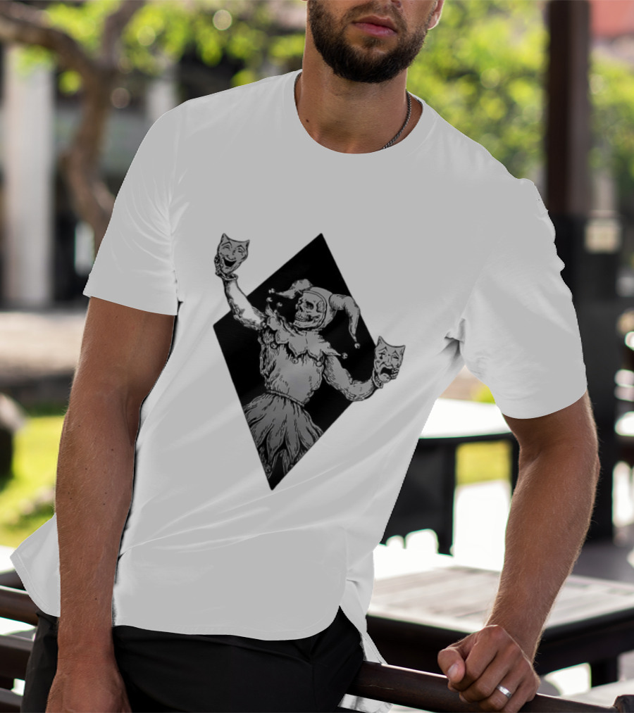 Skeleton Jester Holding Comedy And Tragedy Masks Medieval Gothic Costume T-Shirt