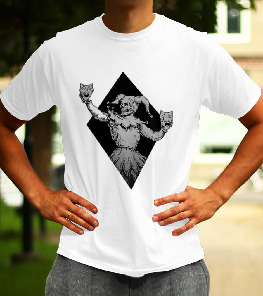 Skeleton Jester Holding Comedy And Tragedy Masks Medieval Gothic Costume T-Shirt