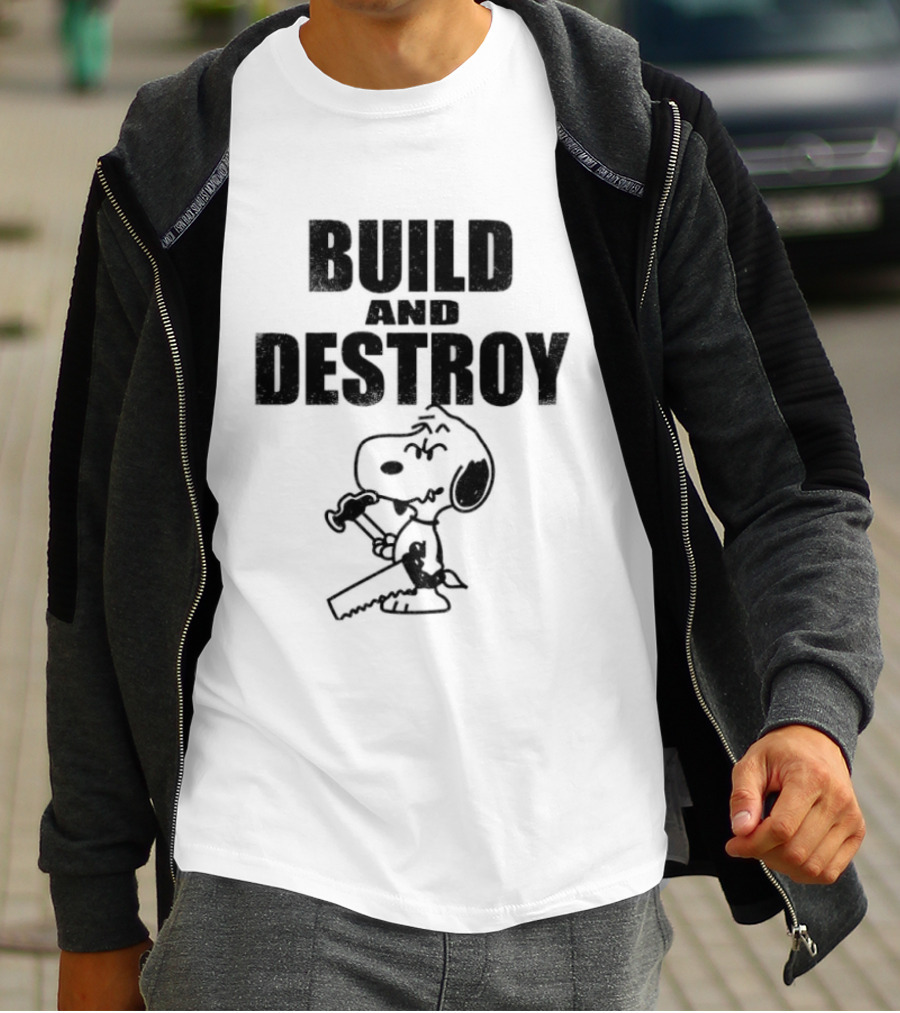 Snoopy Peanuts Build And Destroy Text Hammer Cartoon T-Shirt
