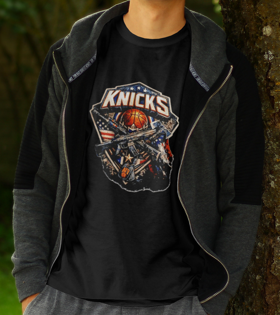 Knicks Basketball Rifles Badge American Flag Emblem NY Star T-Shirt