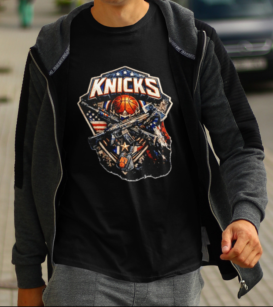 Knicks Basketball Rifles Badge American Flag Emblem NY Star T-Shirt