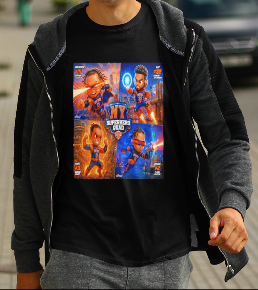 NY Superhero Quad Brunson Captain Clutch Hart Energy Heat Deuce Flash Factor Kat Towers Of Power T-Shirt