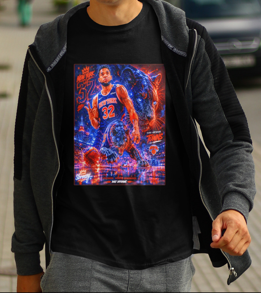 New York 32 Karl Anthony Towns Panther Blossom Street Slicey NBA Knicks T-Shirt