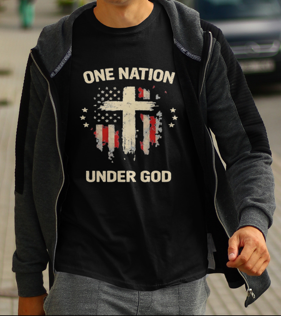 One Nation Under God Patriotic Cross American Flag Christian Faith T-Shirt