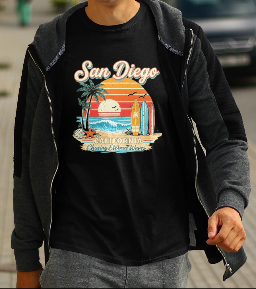 San Diego California Surfing Sunrise Chasing Eternal Waves Beach Vacation T-Shirt