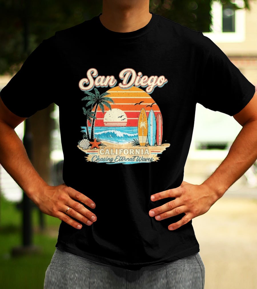 San Diego California Surfing Sunrise Chasing Eternal Waves Beach Vacation T-Shirt