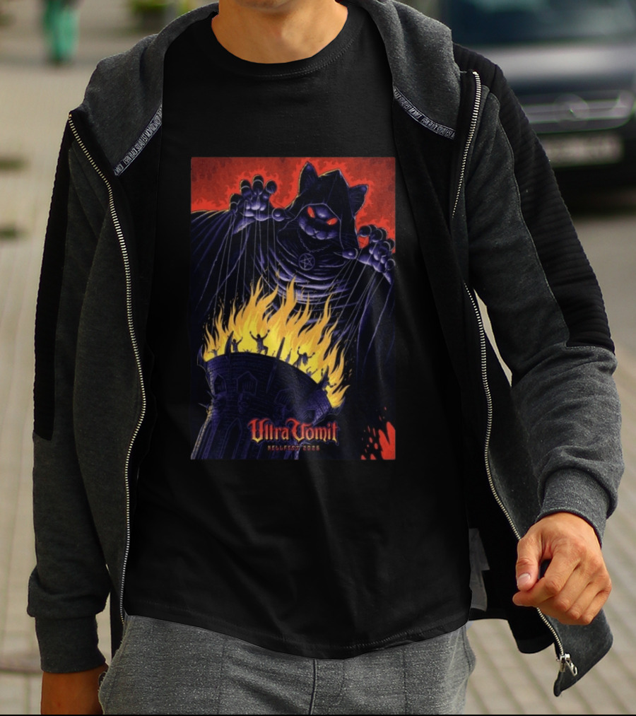 Ultra Vomit Hellfest 2026 Clisson France Jun 19 Puppet Master Cat With Fire Tower T-Shirt