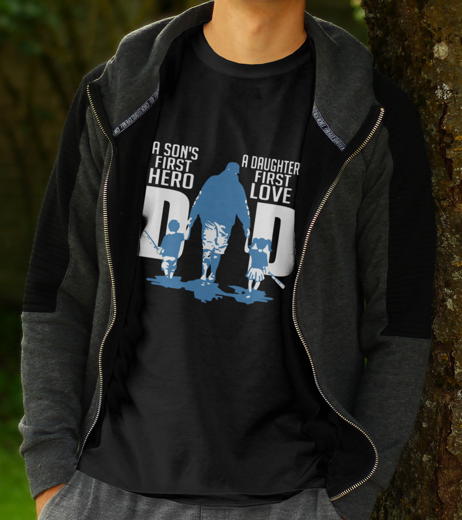 Dad A Son's First Hero A Daughter's First Love Blue Silhouette With Kids And Baseball Bats T-Shirt