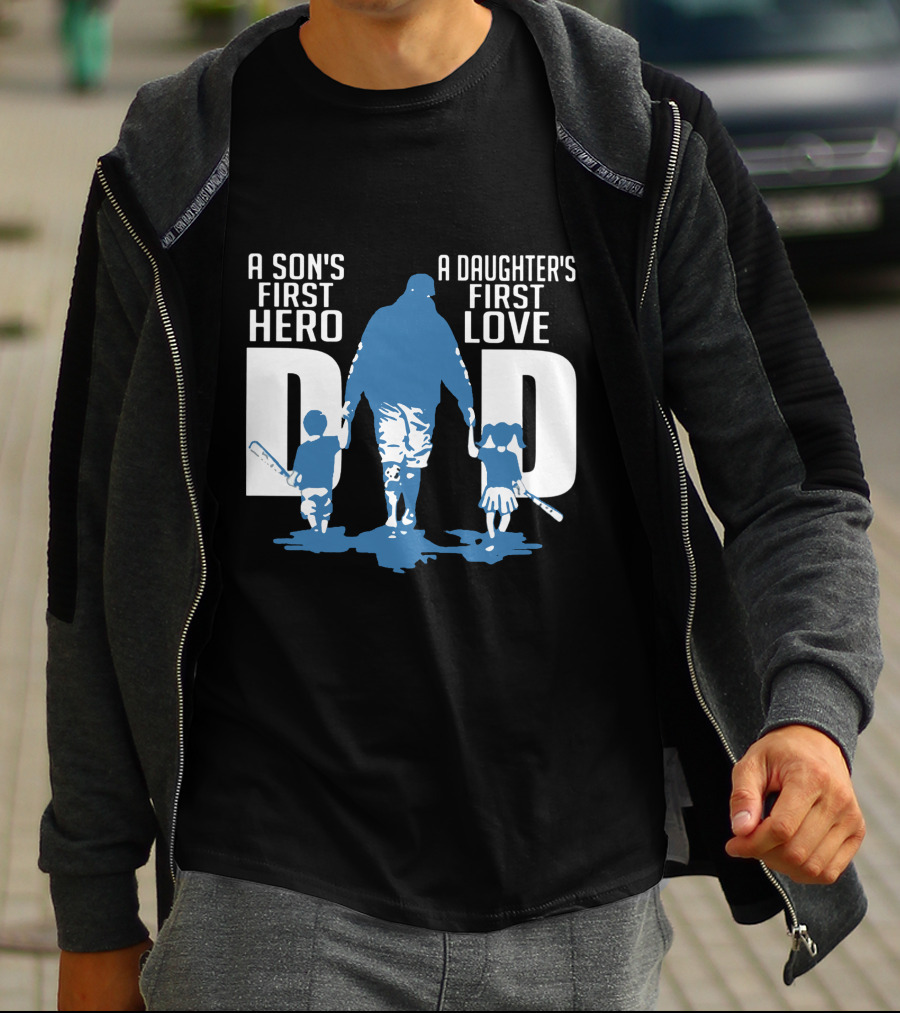 Dad A Son's First Hero A Daughter's First Love Blue Silhouette With Kids And Baseball Bats T-Shirt