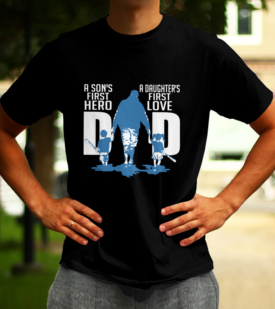 Dad A Son's First Hero A Daughter's First Love Blue Silhouette With Kids And Baseball Bats T-Shirt