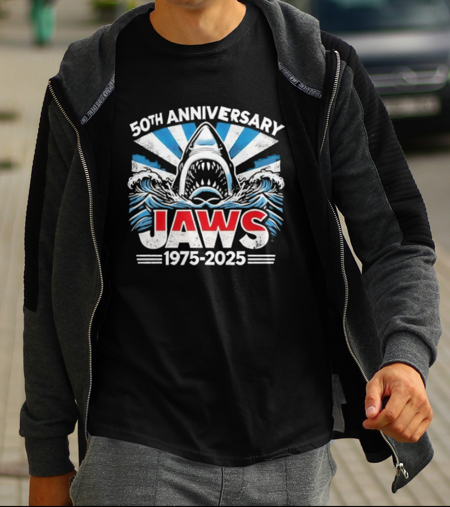 50th Anniversary Jaws 1975-2025 Shark Classic Retro Film Tribute T-Shirt