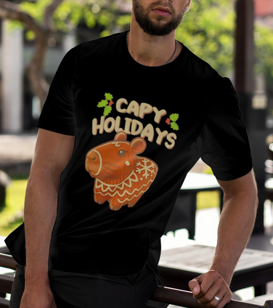 Capy Holidays Christmas Cookie Capybara With Holly Leaves T-Shirt