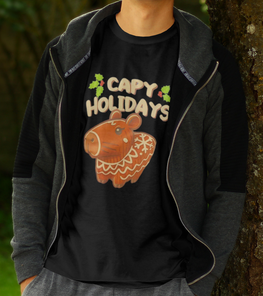Capy Holidays Christmas Cookie Capybara With Holly Leaves T-Shirt