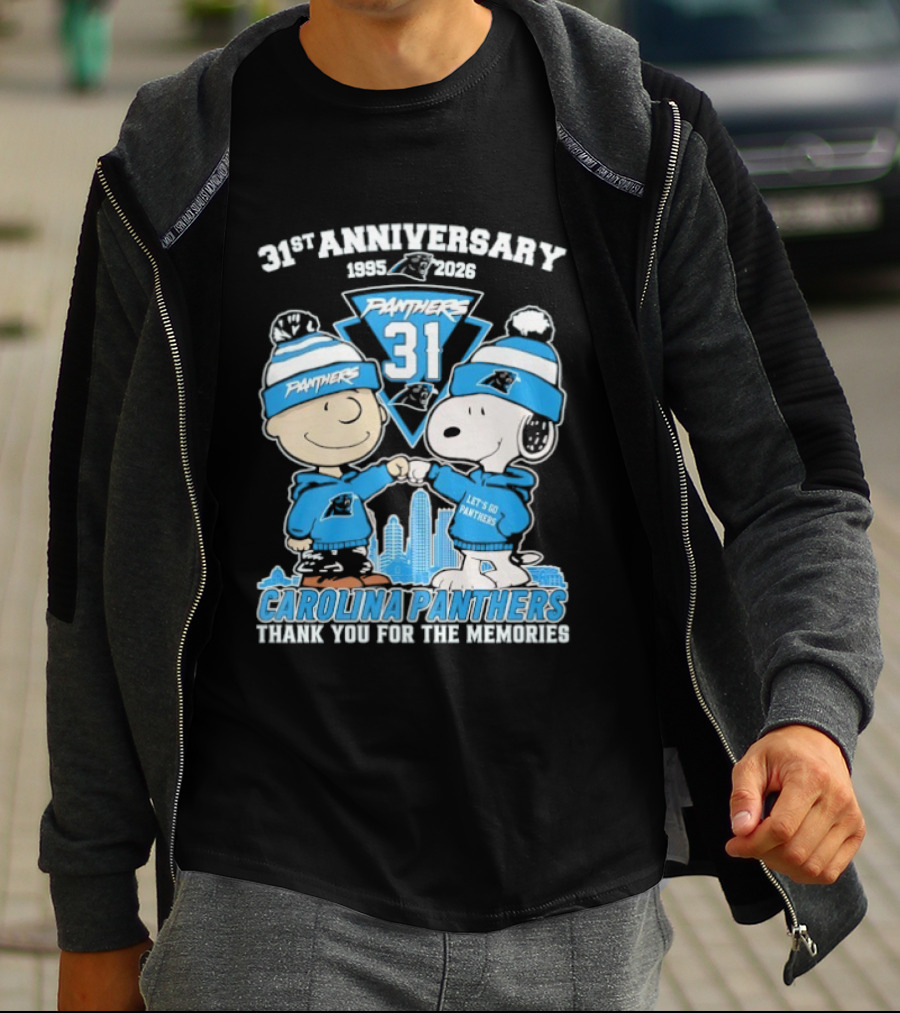 31st Anniversary Carolina Panthers Snoopy Charlie Brown 1995 2026 Let's Go Panthers Thank You For The Memories T-Shirt