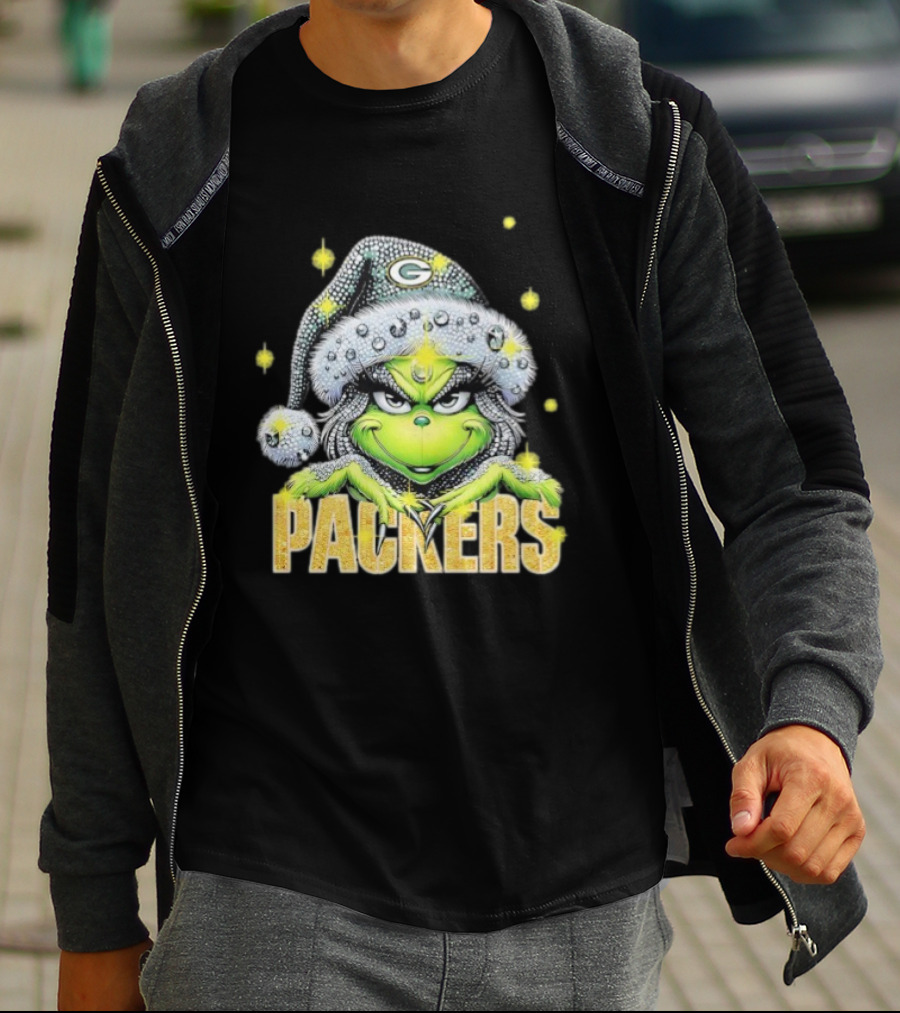 Green Bay Packers Grinch Santa Hat Christmas Football Fan Apparel T-Shirt