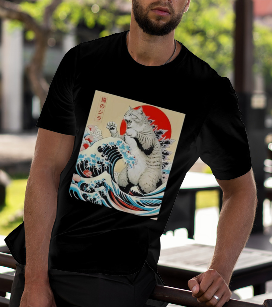 Catzilla Ukiyo-e Japanese 猫のジラ Kanagawa Waves Red Sun T-Shirt