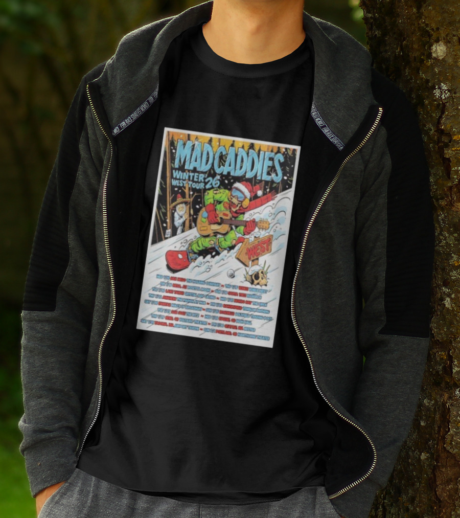 Mad Caddies Winter West Tour 26 Snowboarding Santa Skeleton Guitarist T-Shirt