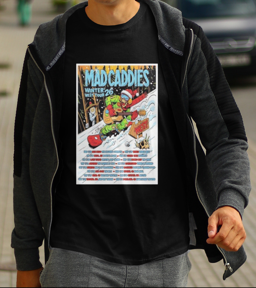Mad Caddies Winter West Tour 26 Snowboarding Santa Skeleton Guitarist T-Shirt