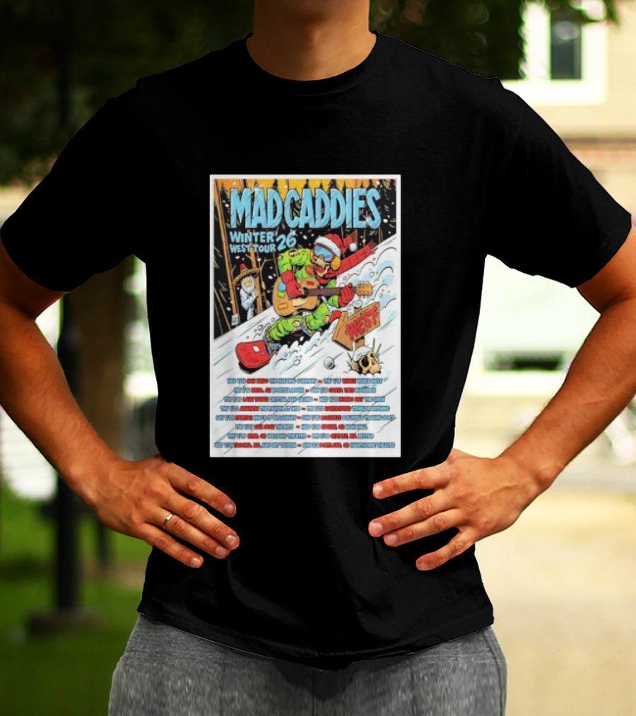 Mad Caddies Winter West Tour 26 Snowboarding Santa Skeleton Guitarist T-Shirt