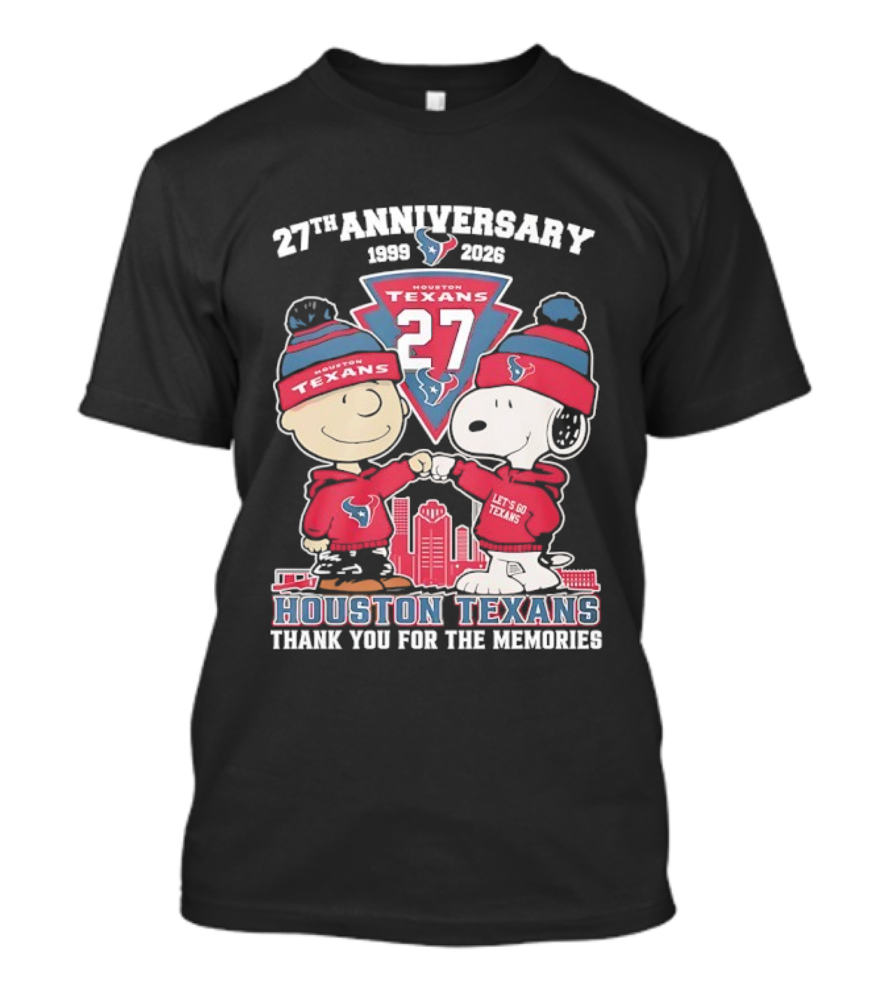 Houston Texans 27th Anniversary Snoopy And Charlie Brown 1999 2026 Thank You For The Memories T-Shirt