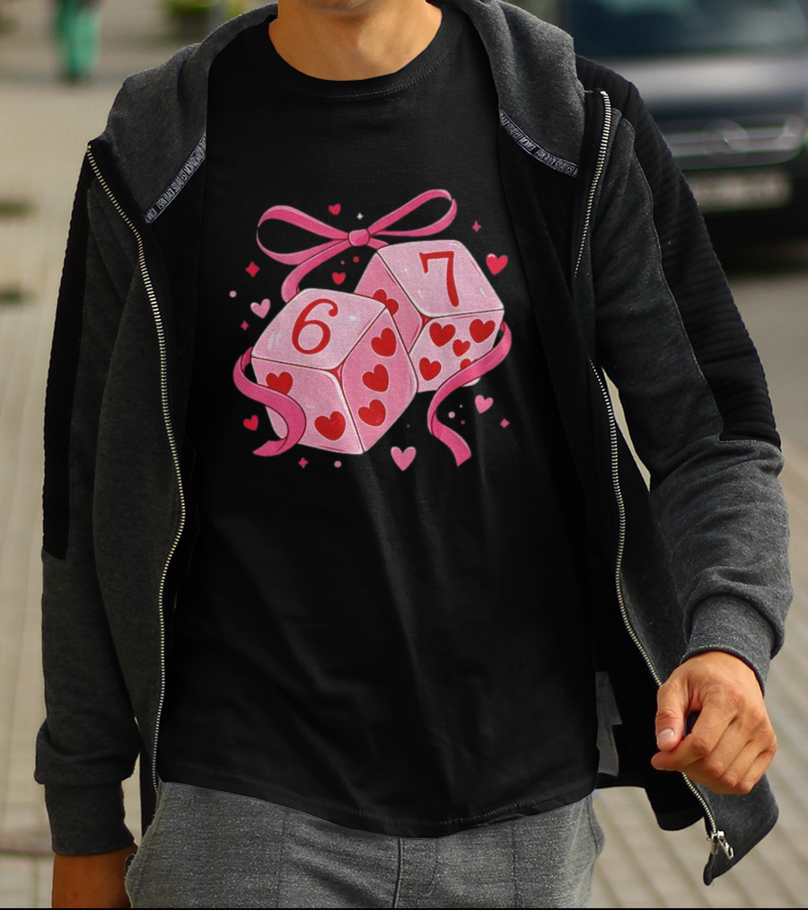 Preppy Valentine Pink Heart Dice 67 Bow Ribbon T-Shirt