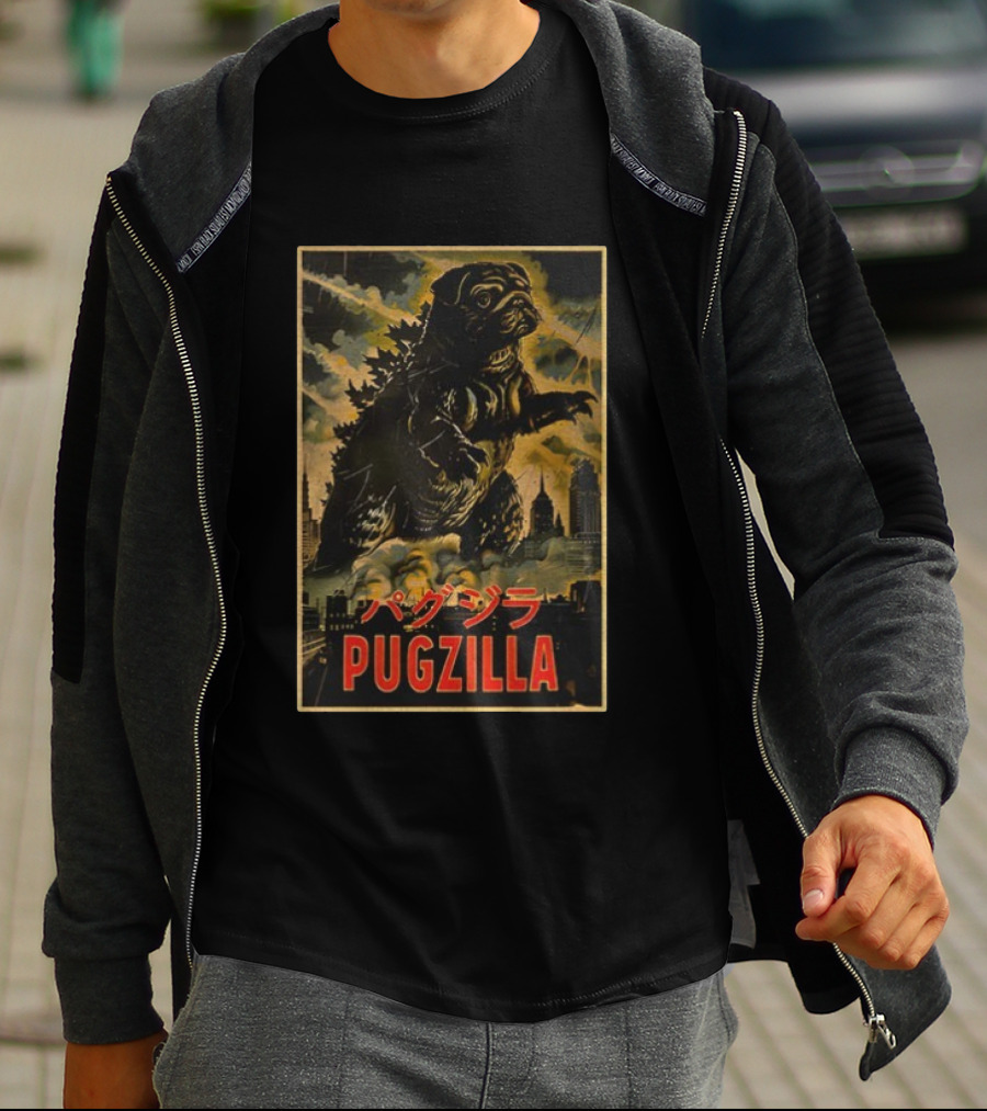 Pugzilla パグジラ Retro Japanese Movie Monster Urban Skyline T-Shirt