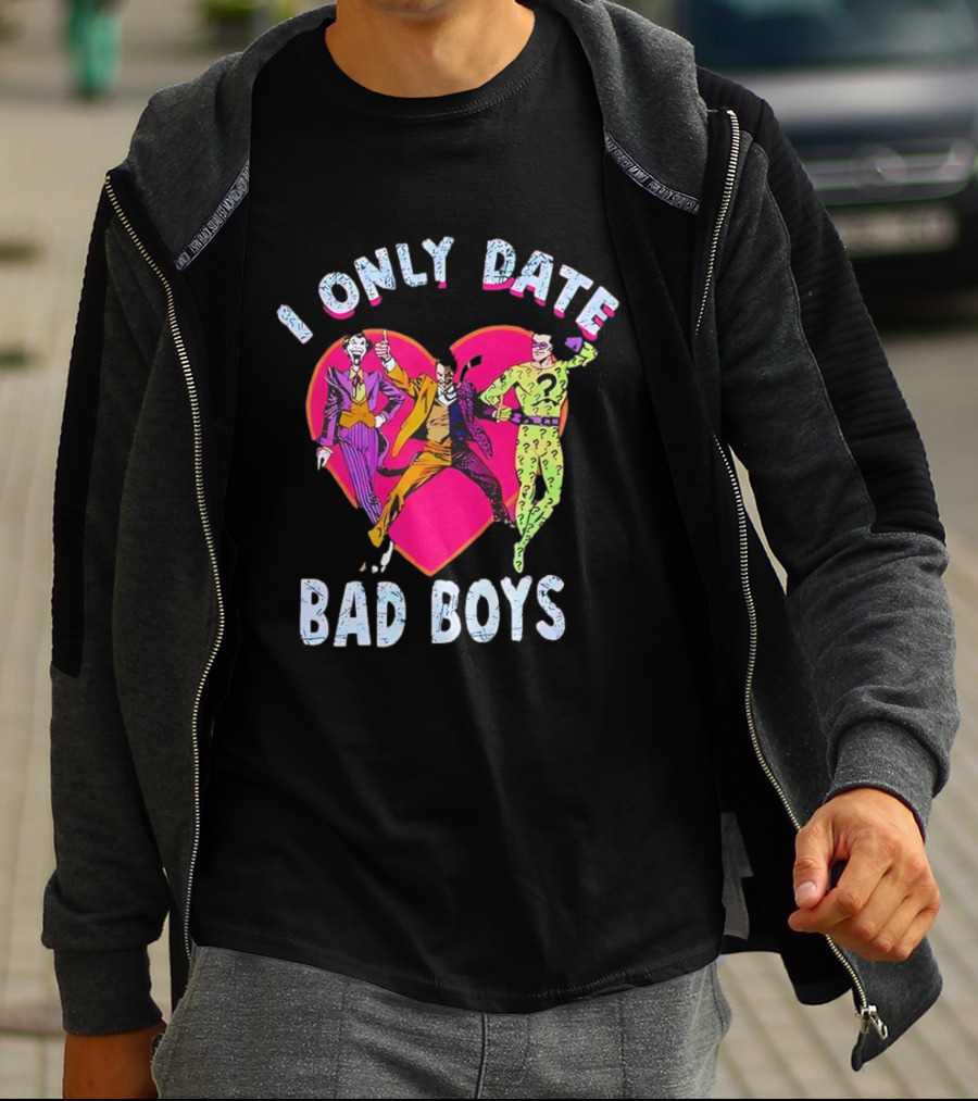 I Only Date Bad Boys DC Comics Joker Riddler Harley Quinn Heart T-Shirt
