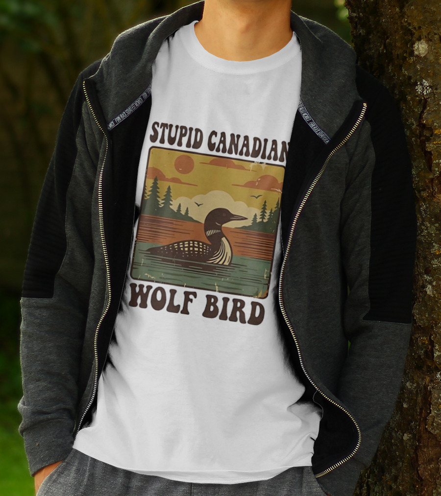 Stupid Canadian Wolf Bird Vintage Sunset Retro Lake Scene T-Shirt