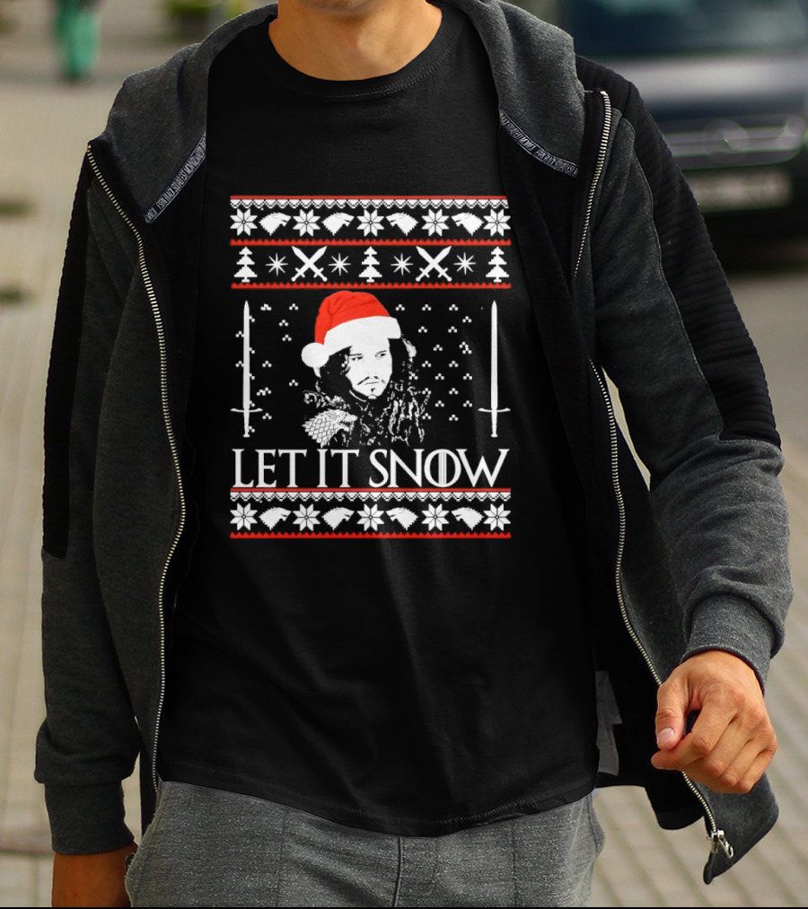 Let It Snow Christmas Ugly Sweater Santa Hat Swords Snowflakes Trees T-Shirt