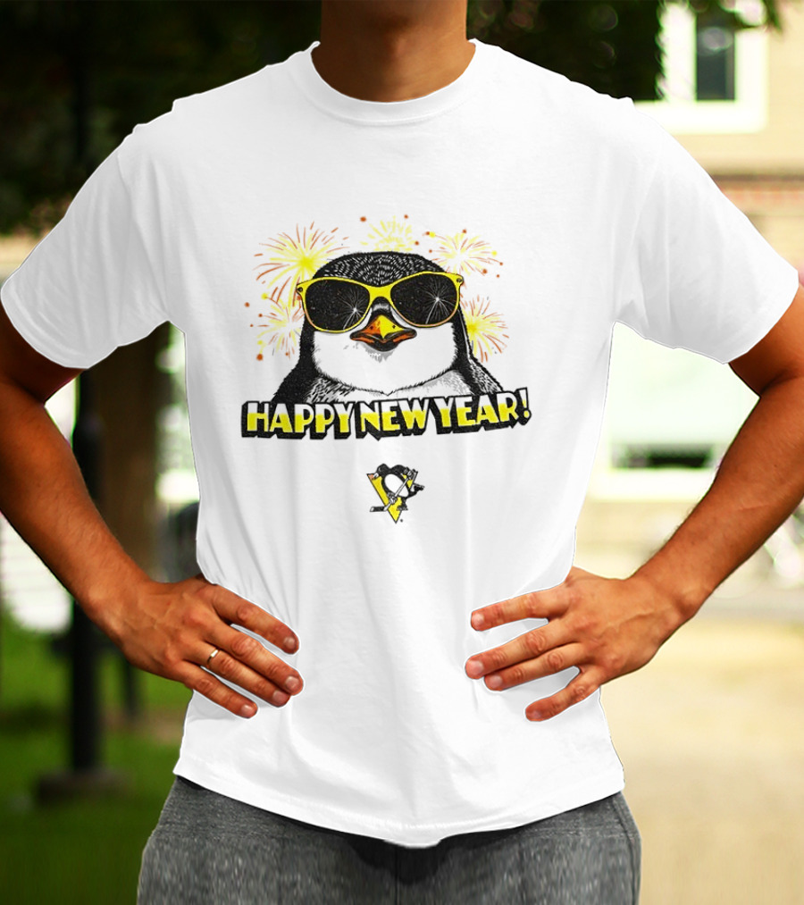 Pittsburgh Penguins Happy New Year Penguins Logo Fireworks Celebration Yellow T-Shirt