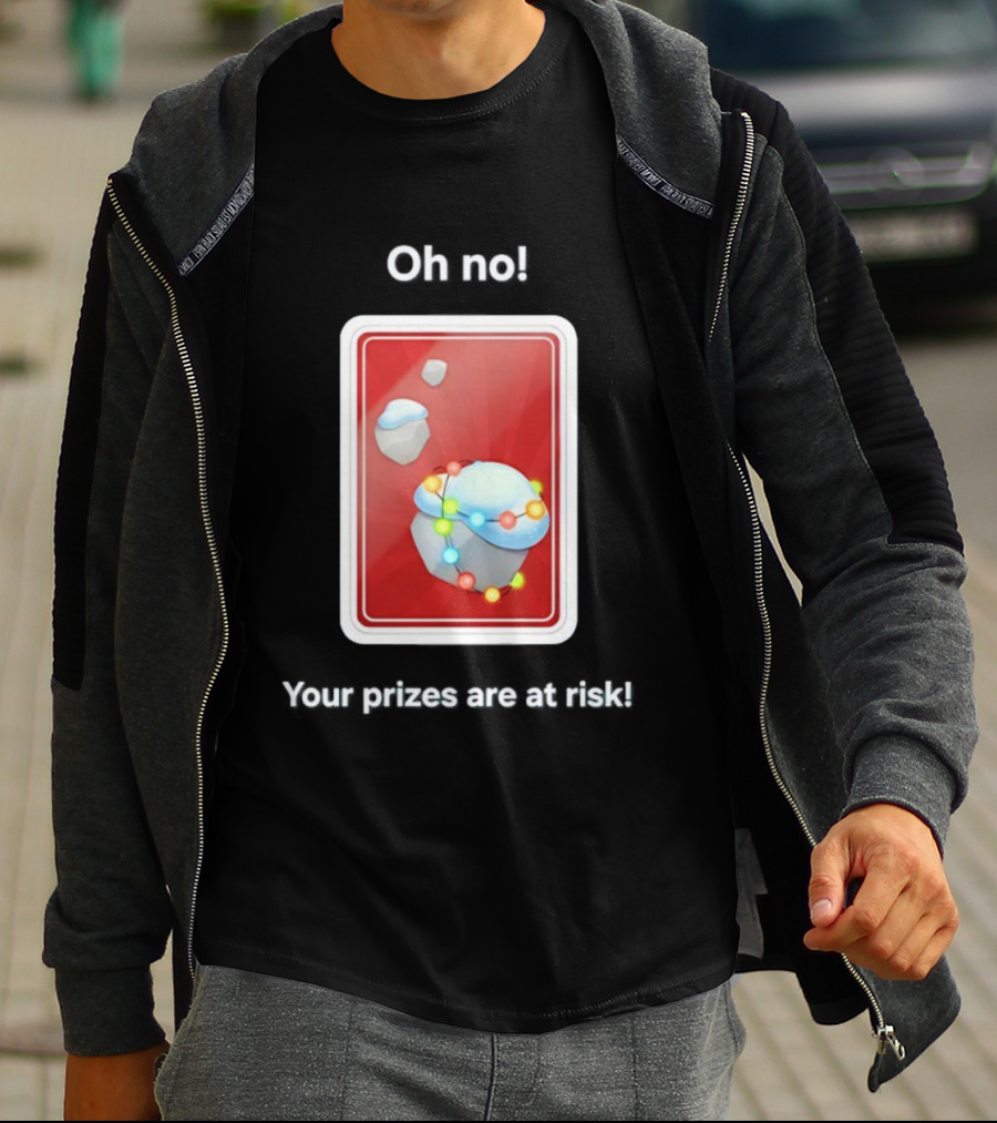 Oh No Your Prizes Are At Risk Christmas Card With Snowy Rocks And Colorful String Lights T-Shirt