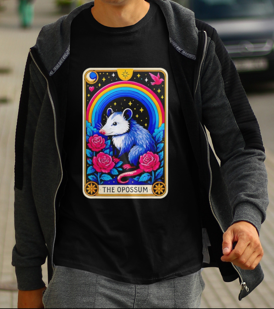 The Opossum Tarot Card Rainbow Moon Roses Stars T-Shirt