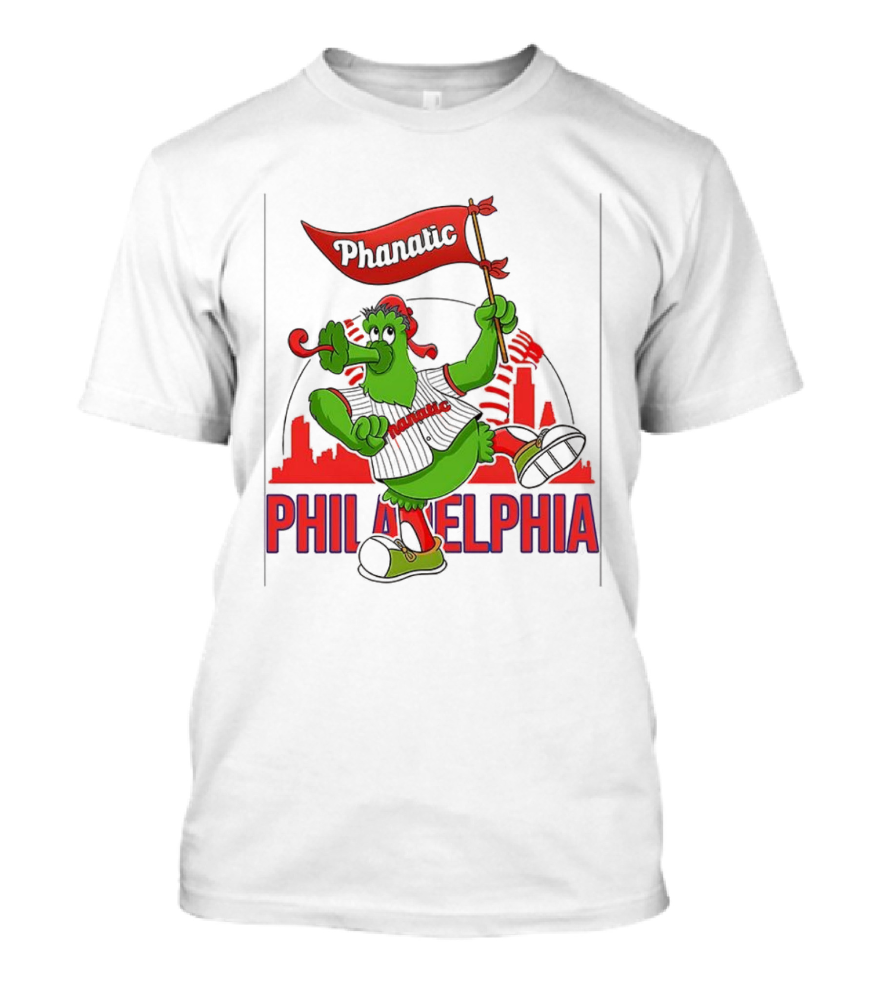 Phillie Phanatic Philadelphia Phillies Mascot Dancing With Skyline And Flag T-Shirt