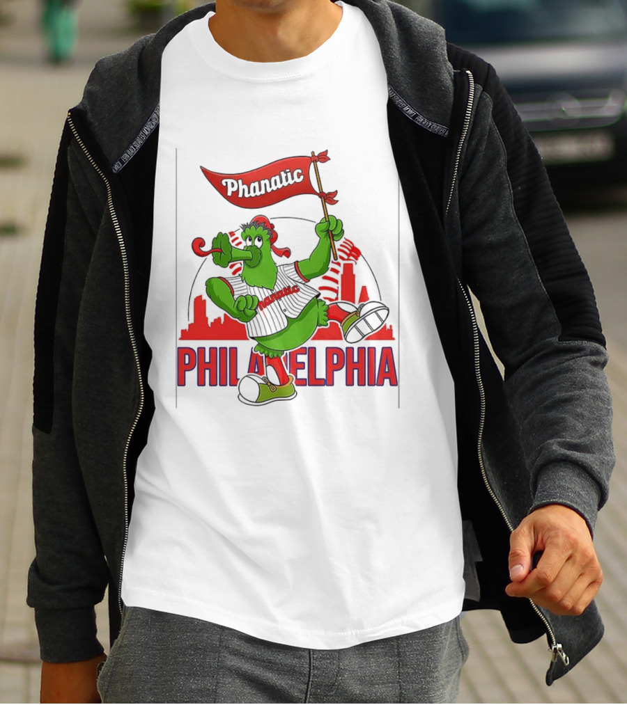 Phillie Phanatic Philadelphia Phillies Mascot Dancing With Skyline And Flag T-Shirt